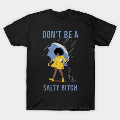 Black graphic t-shirt with playful umbrella design and bold text, casual style, ideal for everyday wear.