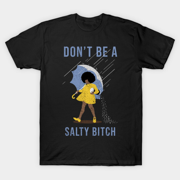 Black graphic t-shirt with playful umbrella design and bold text, casual style, ideal for everyday wear.