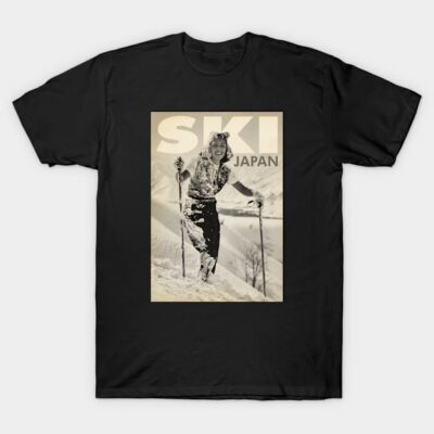 Black "Ski Japan" graphic t-shirt, vintage ski design, cotton material, casual wear for winter sports enthusiasts.