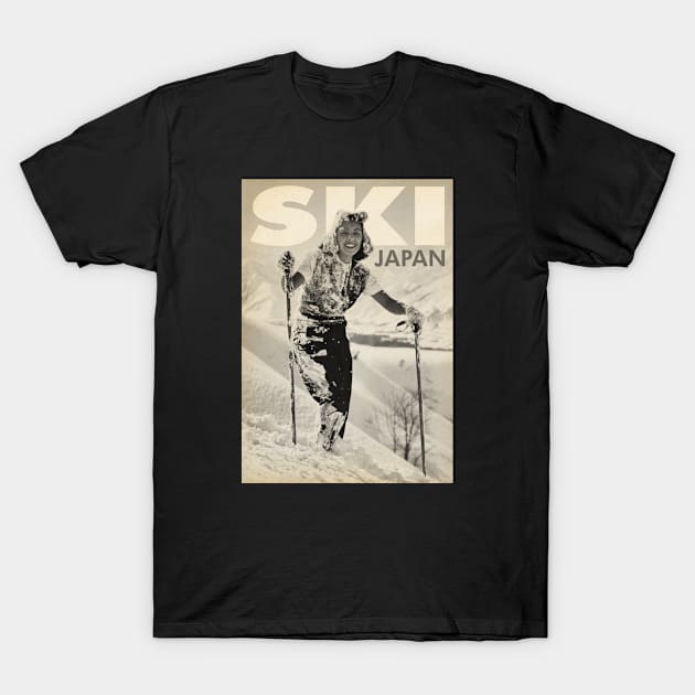 Black "Ski Japan" graphic t-shirt, vintage ski design, cotton material, casual wear for winter sports enthusiasts.