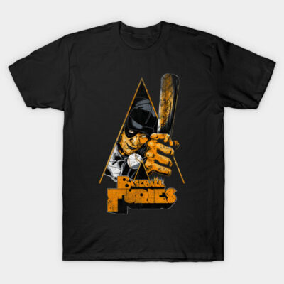 Black graphic tee featuring a vintage baseball-themed design with bold orange text. Ideal for casual wear.