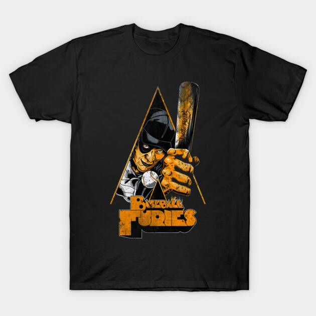 Black graphic tee featuring a vintage baseball-themed design with bold orange text. Ideal for casual wear.