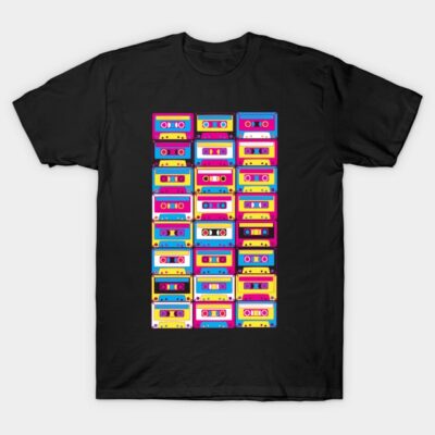 Black T-shirt with colorful cassette tape pattern, retro style, casual wear, cotton material.