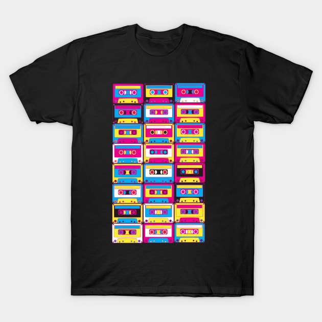 Black T-shirt with colorful cassette tape pattern, retro style, casual wear, cotton material.
