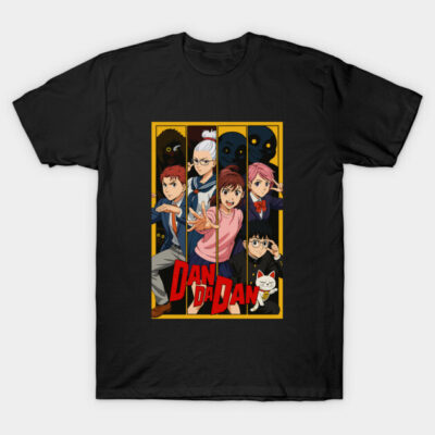 Black graphic tee featuring colorful anime-style characters and bold text. Casual wear, cotton material.