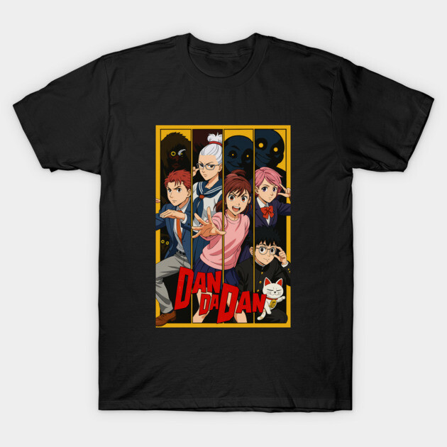 Black graphic tee featuring colorful anime-style characters and bold text. Casual wear, cotton material.