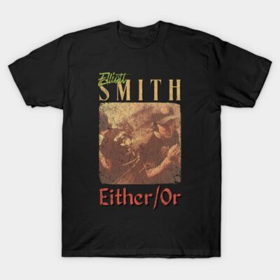 Black graphic tee with vintage album cover design, bold text "Either/Or", casual style, cotton material.