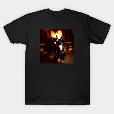 Black cotton t-shirt with abstract graphic design, perfect for casual wear or artistic expression.