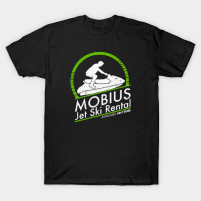 Black T-shirt with green and white graphic design featuring a jet ski theme, perfect for casual wear.