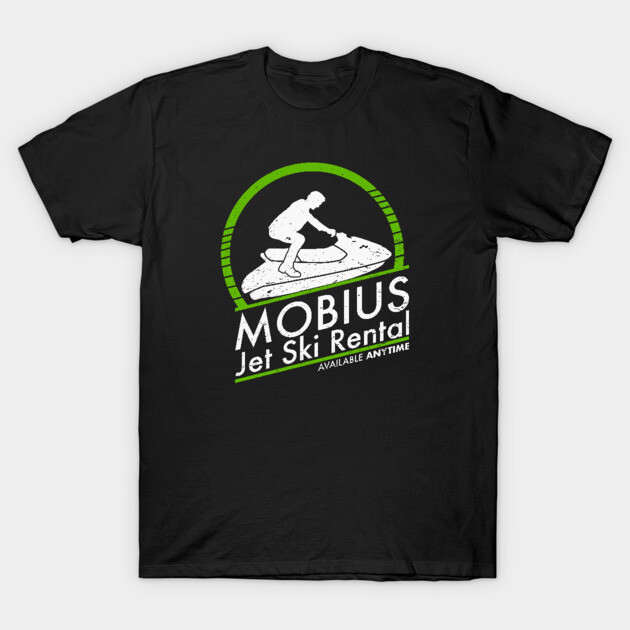 Black T-shirt with green and white graphic design featuring a jet ski theme, perfect for casual wear.