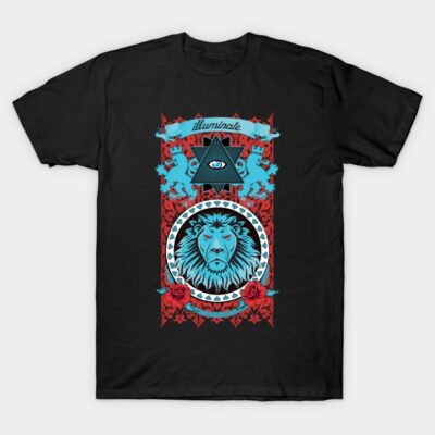 Black t-shirt with intricate lion and eye graphic, red and blue accents, perfect for casual wear and statement style.