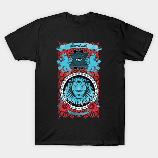 Black t-shirt with intricate lion and eye graphic, red and blue accents, perfect for casual wear and statement style.