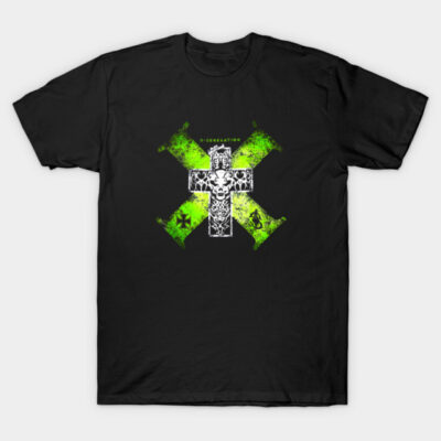 Black T-shirt with green and white graphic design, casual wear, cotton material, stylish and trendy apparel.