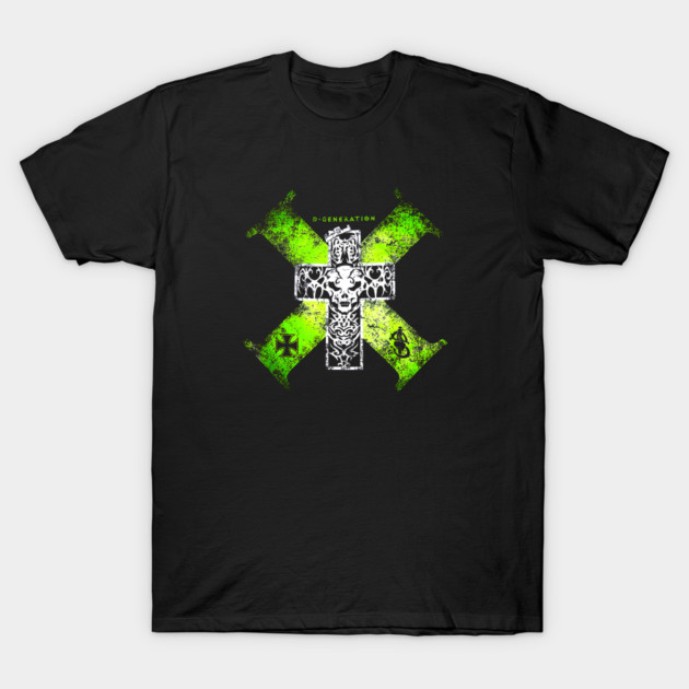 Black T-shirt with green and white graphic design, casual wear, cotton material, stylish and trendy apparel.