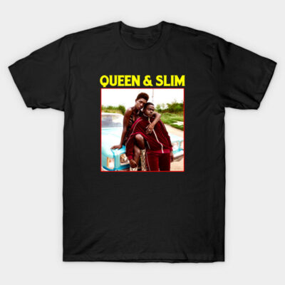 Black cotton t-shirt featuring "Queen & Slim" graphic design, casual streetwear style.