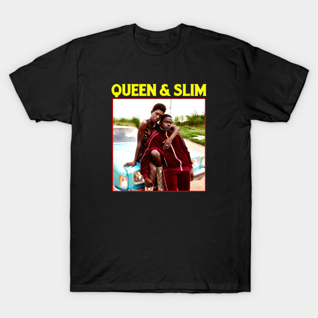 Black cotton t-shirt featuring "Queen & Slim" graphic design, casual streetwear style.
