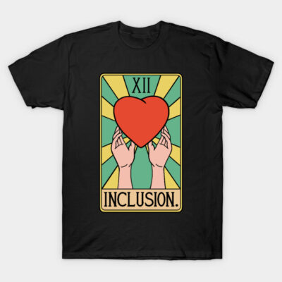 Black t-shirt with colorful tarot-inspired inclusion design, featuring a red heart and hands, perfect for casual wear.
