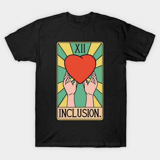 Black t-shirt with colorful tarot-inspired inclusion design, featuring a red heart and hands, perfect for casual wear.