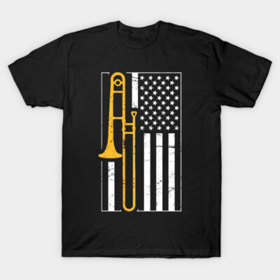 Black t-shirt with yellow trombone and American flag design, perfect for music lovers, casual wear, soft cotton material.