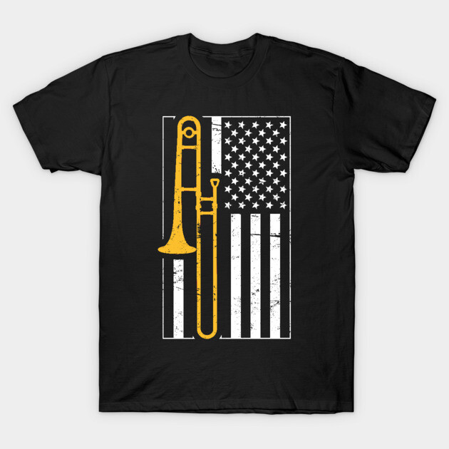 Black t-shirt with yellow trombone and American flag design, perfect for music lovers, casual wear, soft cotton material.