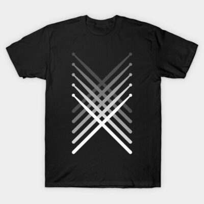 Black T-shirt featuring a geometric drumsticks design, perfect for casual wear, made from soft cotton fabric.