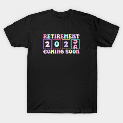 Black t-shirt with colorful "Retirement 2026 Coming Soon" text, casual style, ideal for retirement celebrations.