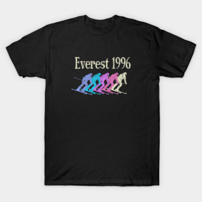 Black "Everest 1996" t-shirt featuring colorful skier design, casual wear, cotton material, unisex style.