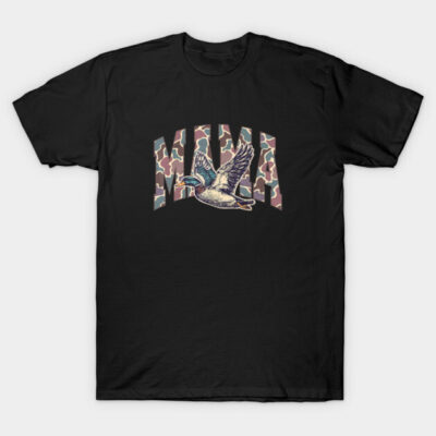 Black t-shirt with a flying duck graphic and camouflage text design, casual wear, cotton material.