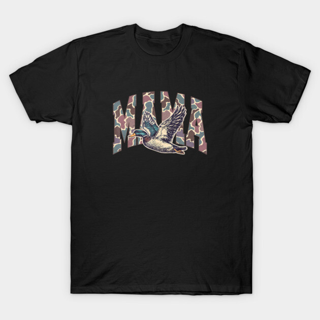 Black t-shirt with a flying duck graphic and camouflage text design, casual wear, cotton material.