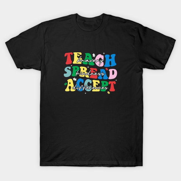 Black T-shirt with colorful "Teach Spread Accept" message, casual style, cotton fabric, ideal for everyday wear.