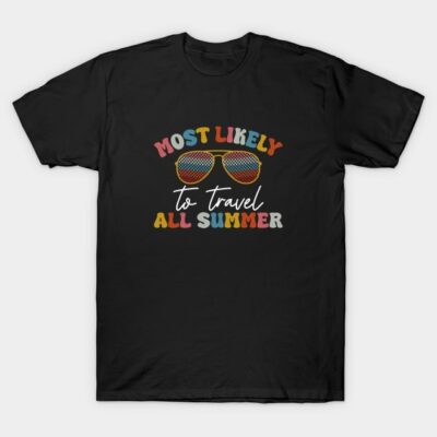 Black t-shirt with colorful "Most Likely to Travel All Summer" text and sunglasses graphic, casual summer wear.