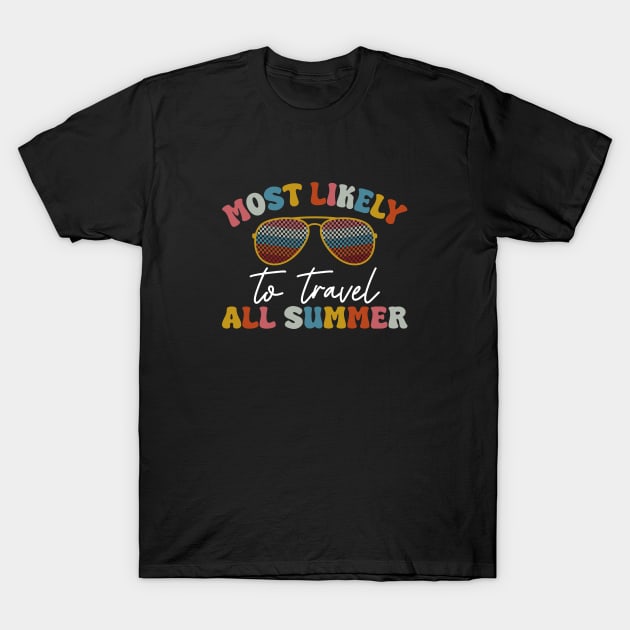 Black t-shirt with colorful "Most Likely to Travel All Summer" text and sunglasses graphic, casual summer wear.