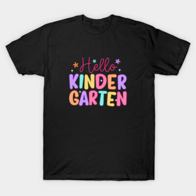 Black "Hello Kindergarten" T-shirt with colorful letters, casual style, perfect for school events or casual wear.