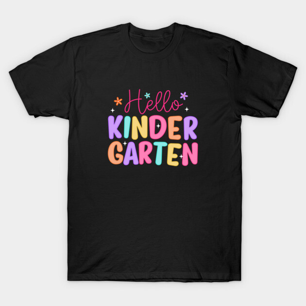 Black "Hello Kindergarten" T-shirt with colorful letters, casual style, perfect for school events or casual wear.