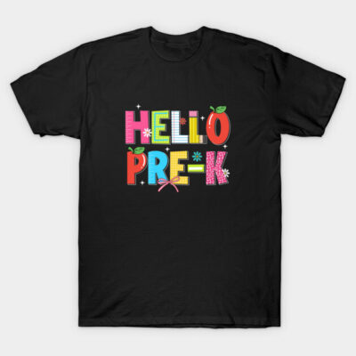 Black "Hello Pre-K" graphic t-shirt with colorful letters, casual style, cotton fabric, perfect for school events.
