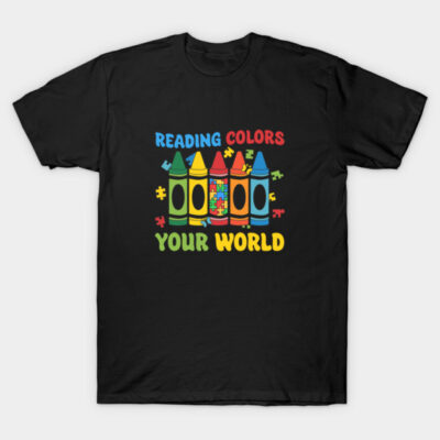 Black T-shirt with colorful crayon graphic and "Reading Colors Your World" text, casual style for everyday wear.