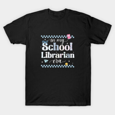 Black T-shirt with "School Librarian Era" text, featuring playful design elements, perfect for casual wear.