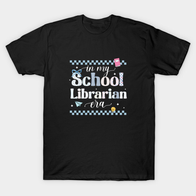 Black T-shirt with "School Librarian Era" text, featuring playful design elements, perfect for casual wear.
