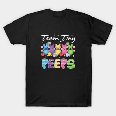 Black "Team Tiny Peeps" graphic t-shirt with colorful bunny design, casual style, unisex cotton fabric.