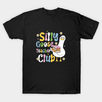 Black t-shirt with colorful "Silly Goose Teacher Club" print featuring a cartoon goose holding books, casual style.