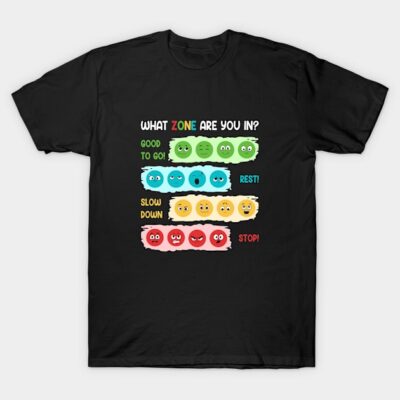 Black t-shirt with colorful zone-themed design; green, blue, yellow, red emojis; casual wear for mood expression.
