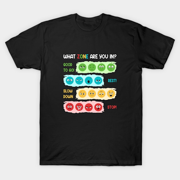 Black t-shirt with colorful zone-themed design; green, blue, yellow, red emojis; casual wear for mood expression.