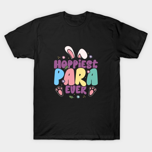Black t-shirt with colorful "Hoppier Para Ever" text and bunny ears design, perfect for casual wear or gifting.