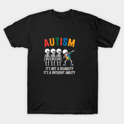Black t-shirt with colorful "Autism" text and skeleton design, highlighting inclusivity and awareness. Cotton material.