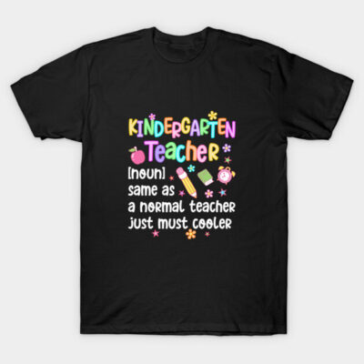 Black T-shirt with colorful "Kindergarten Teacher" design, featuring playful text and icons. Perfect for educators.