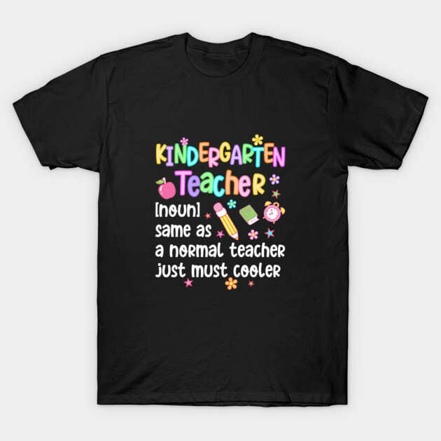 Black T-shirt with colorful "Kindergarten Teacher" design, featuring playful text and icons. Perfect for educators.