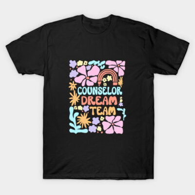 Black t-shirt with colorful floral "Counselor Dream Team" graphic design, casual style, soft cotton material.