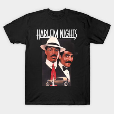 Black "Harlem Nights" graphic tee featuring classic car and vintage style design, ideal for casual wear.