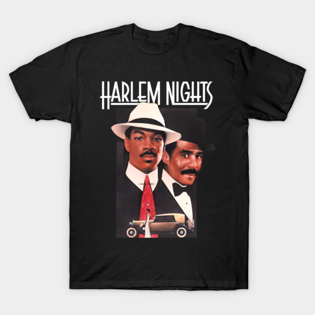 Black "Harlem Nights" graphic tee featuring classic car and vintage style design, ideal for casual wear.