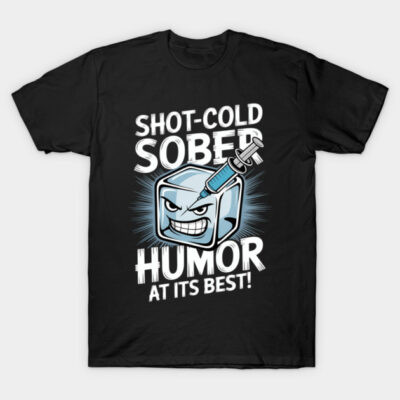 Black T-shirt with humorous graphic of ice cube and syringe, featuring text "Shot-Cold Sober Humor at Its Best."